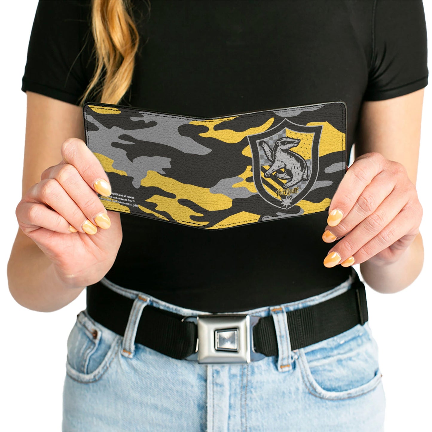 Bi-Fold Wallet - Harry Potter Hufflepuff Crest Camo Yellow Grays Black