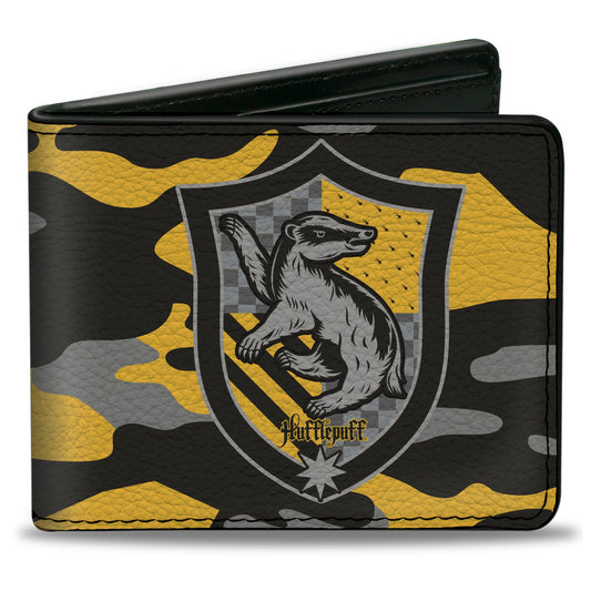 Bi-Fold Wallet - Harry Potter Hufflepuff Crest Camo Yellow Grays Black