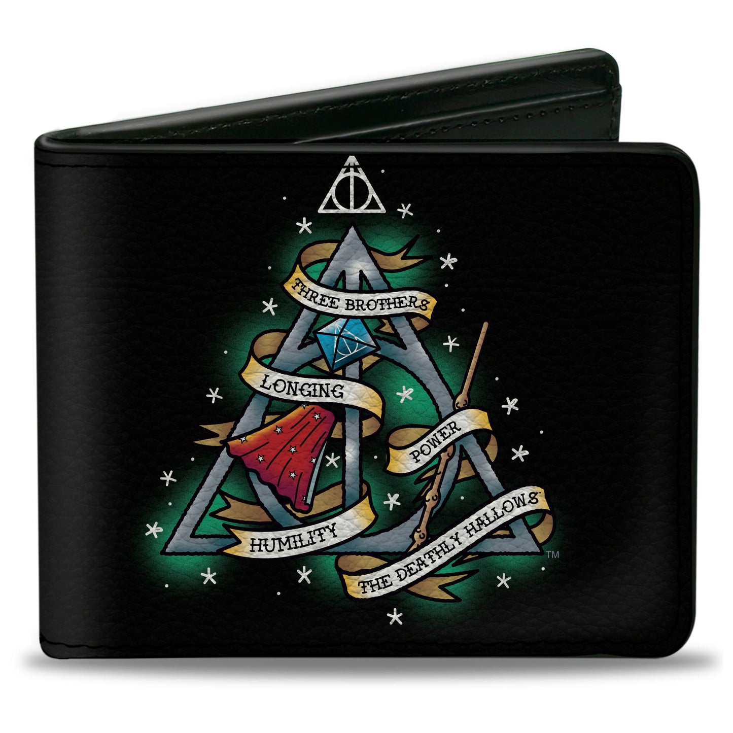Bi-Fold Wallet - Harry Potter THE DEATHLY HALLOWS Symbol THREE BROTHERS LONGING POWER HUMILITY Tattoo Black