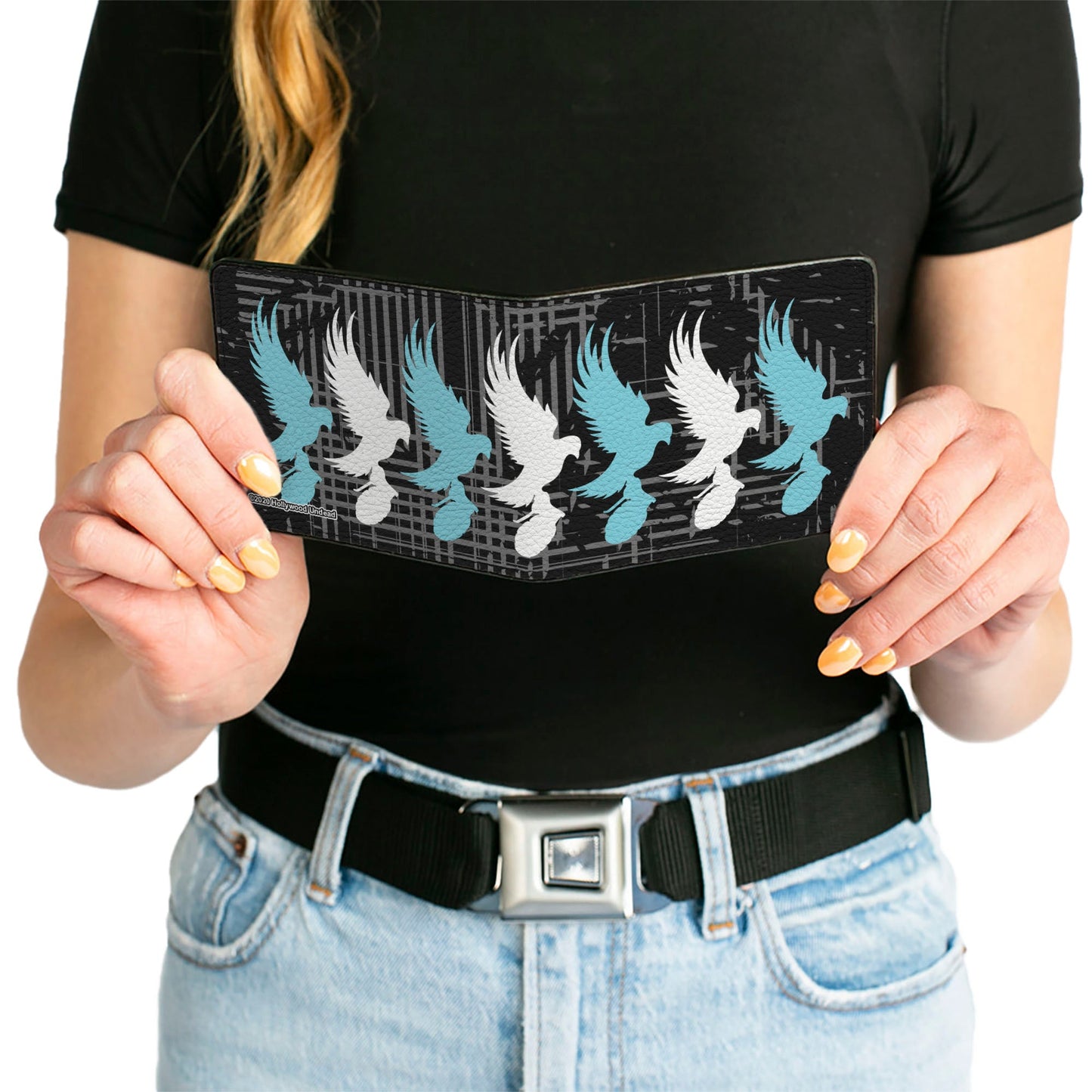 Bi-Fold Wallet - Hollywood Undead Dove & Grenade Logo Striping Black Gray Teal White