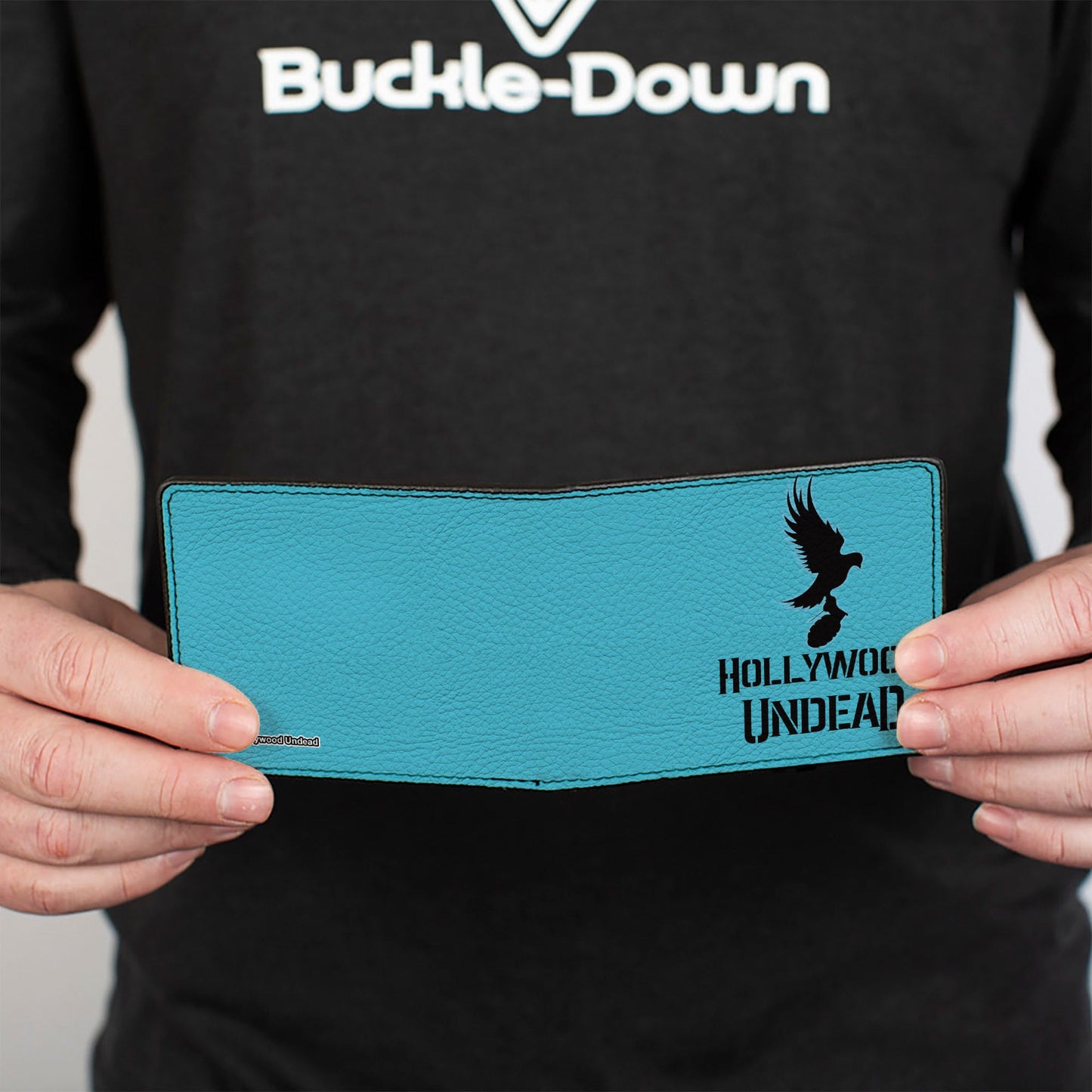 Bi-Fold Wallet - HOLLYWOOD UNDEAD Text Logo Dove & Grenade Icon Teal Black