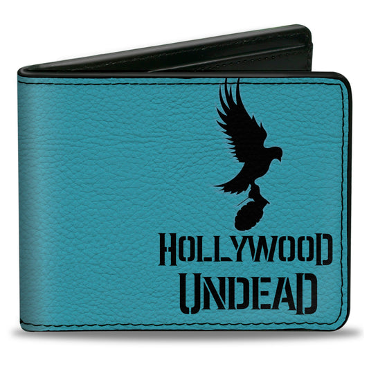 Bi-Fold Wallet - HOLLYWOOD UNDEAD Text Logo Dove & Grenade Icon Teal Black