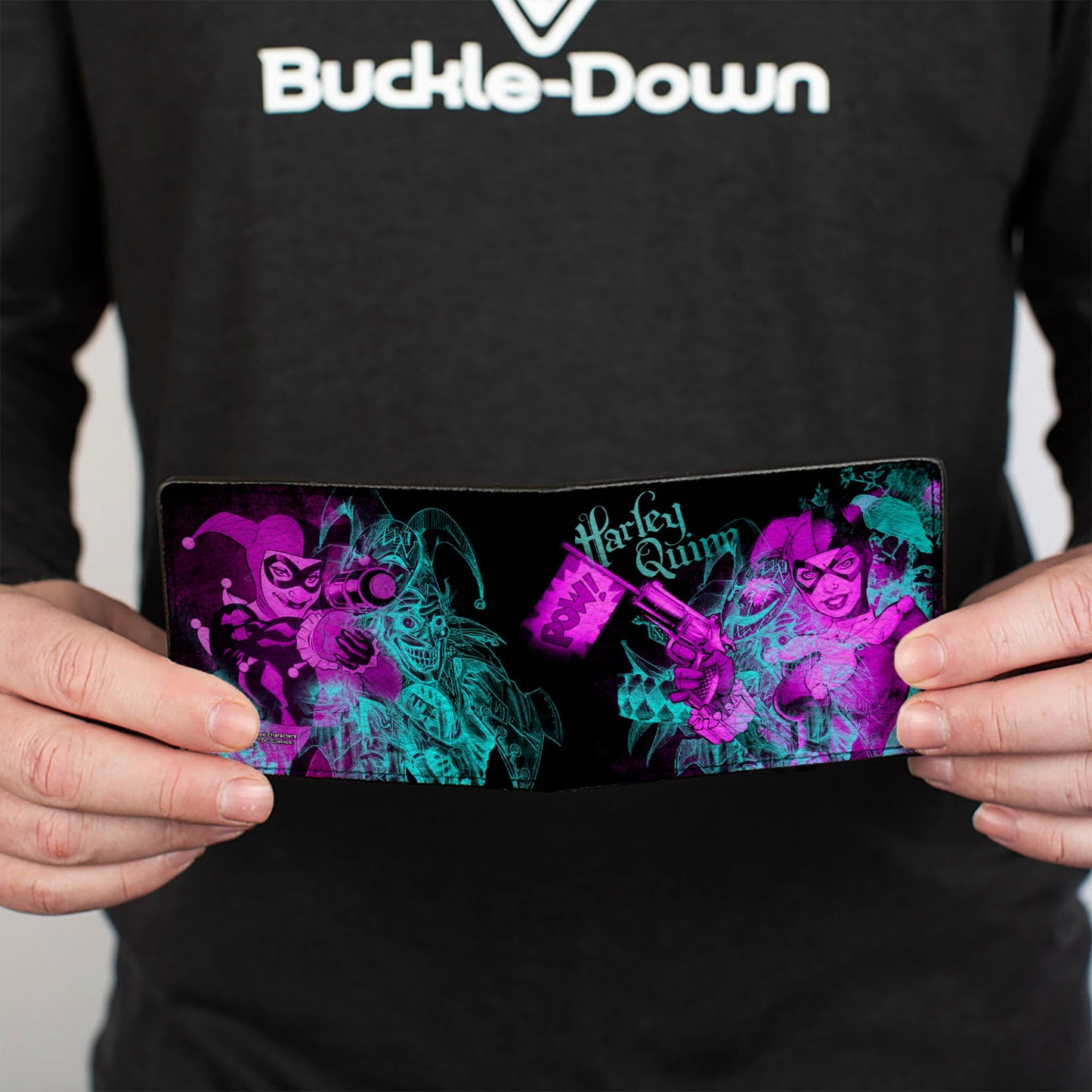 Bi-Fold Wallet - HARLEY QUINN Pow + Aiming Poses Joker Sketch Black Turquoise Fuchsia