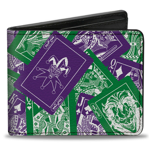 Bi-Fold  Wallet - The Joker Deck of Cards Stacked Green/Purple/White