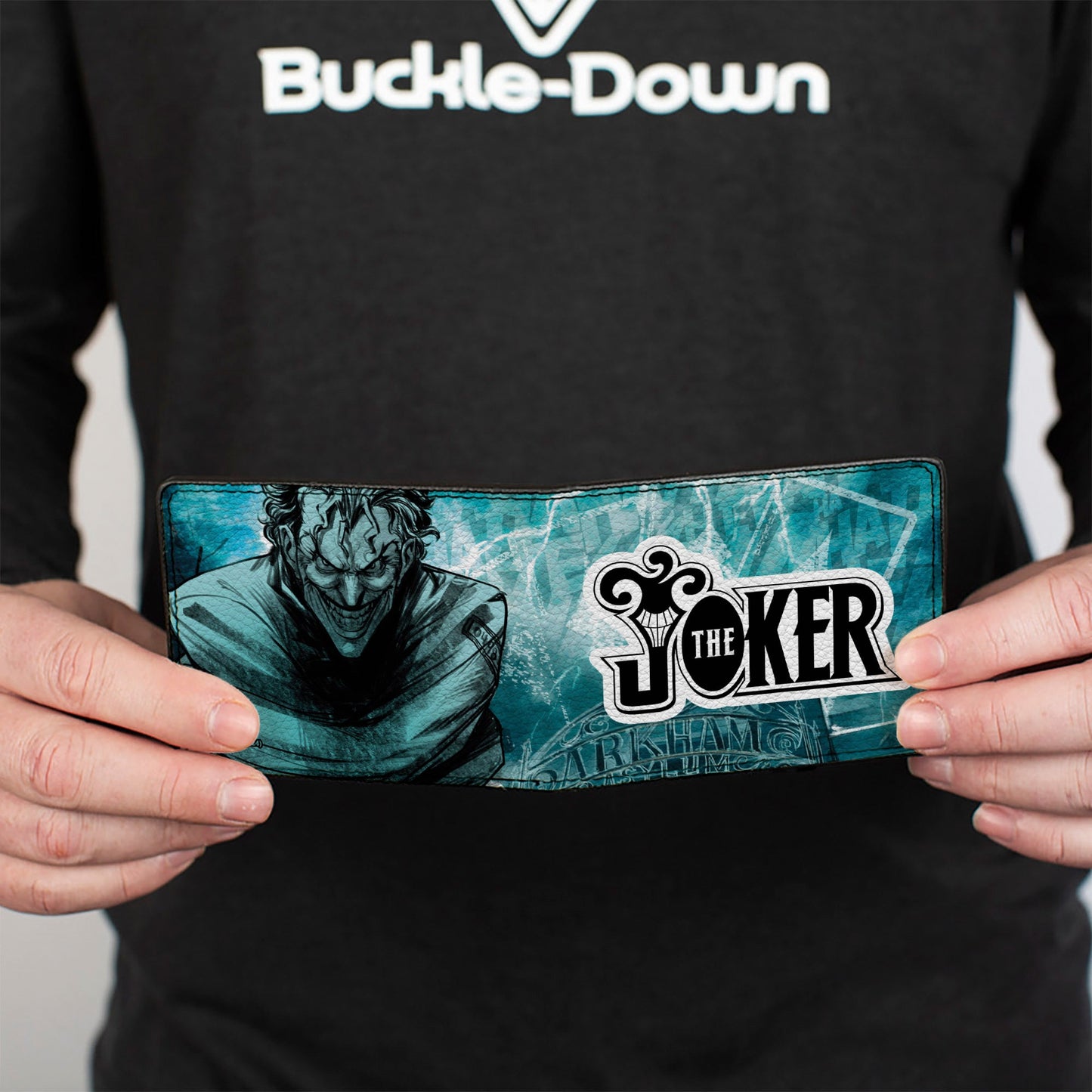 Bi-Fold Wallet - THE JOKER Straight Jacket Pose and Title Logo Blues/Black/White