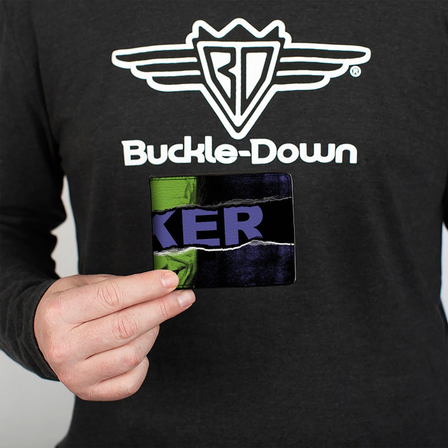 Bi-Fold  Wallet - THE JOKER Smiling Pose and Text Over Eyes Black/Purples/Greens