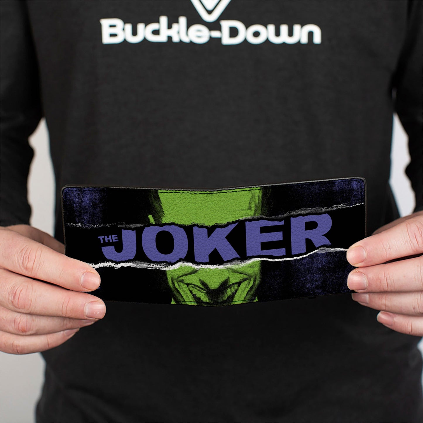 Bi-Fold  Wallet - THE JOKER Smiling Pose and Text Over Eyes Black/Purples/Greens
