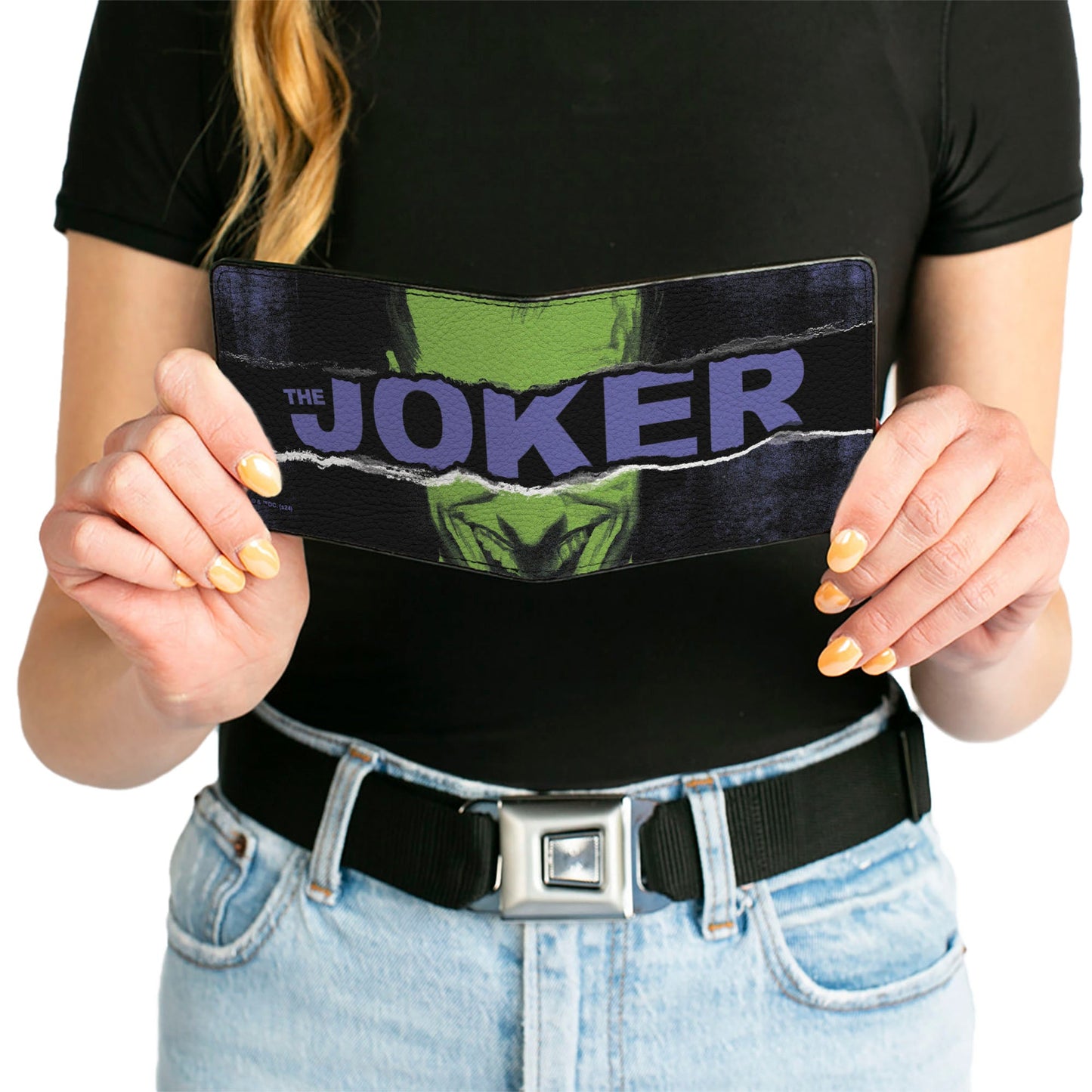 Bi-Fold  Wallet - THE JOKER Smiling Pose and Text Over Eyes Black/Purples/Greens