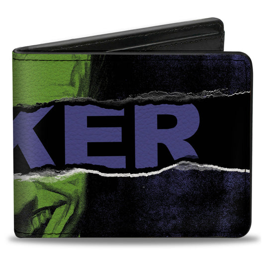 Bi-Fold  Wallet - THE JOKER Smiling Pose and Text Over Eyes Black/Purples/Greens
