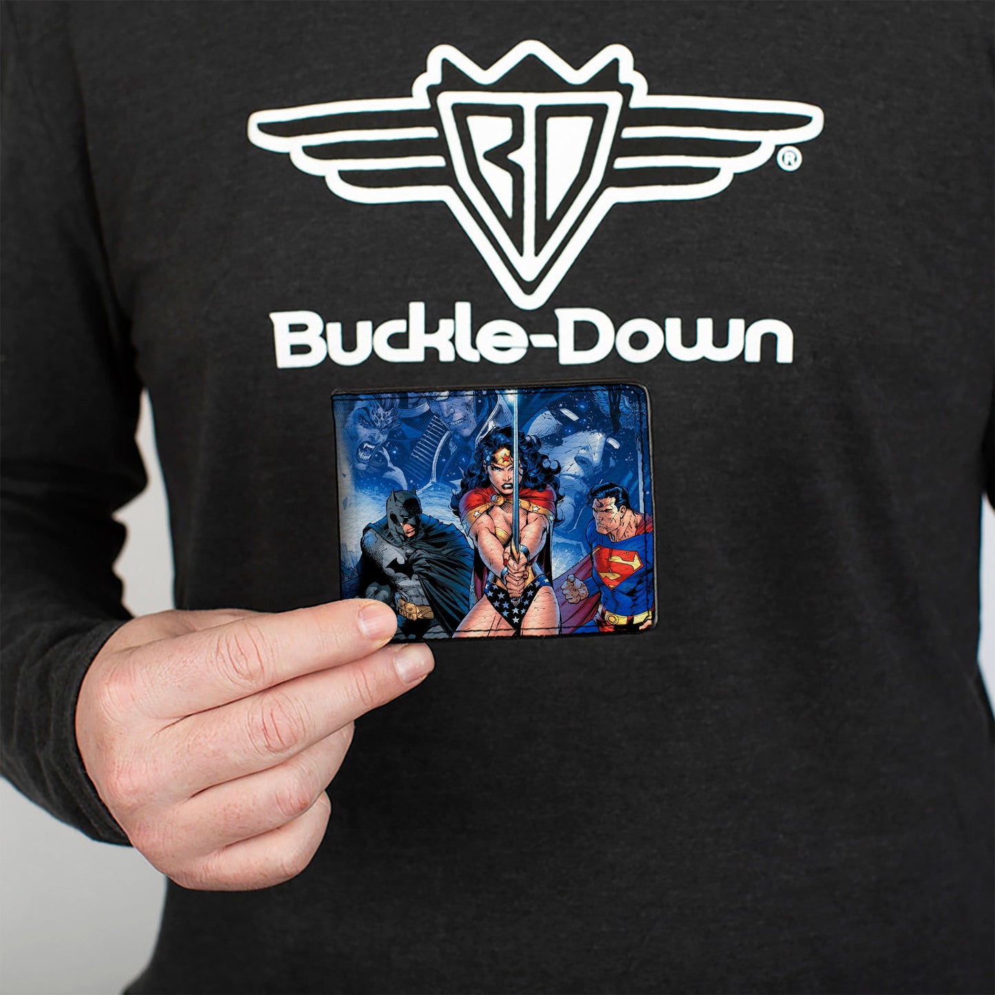 Bi-Fold Wallet - Justice League Infinite Crisis Issue #1 Trinity Group Cover Pose + Capes Sword Blues