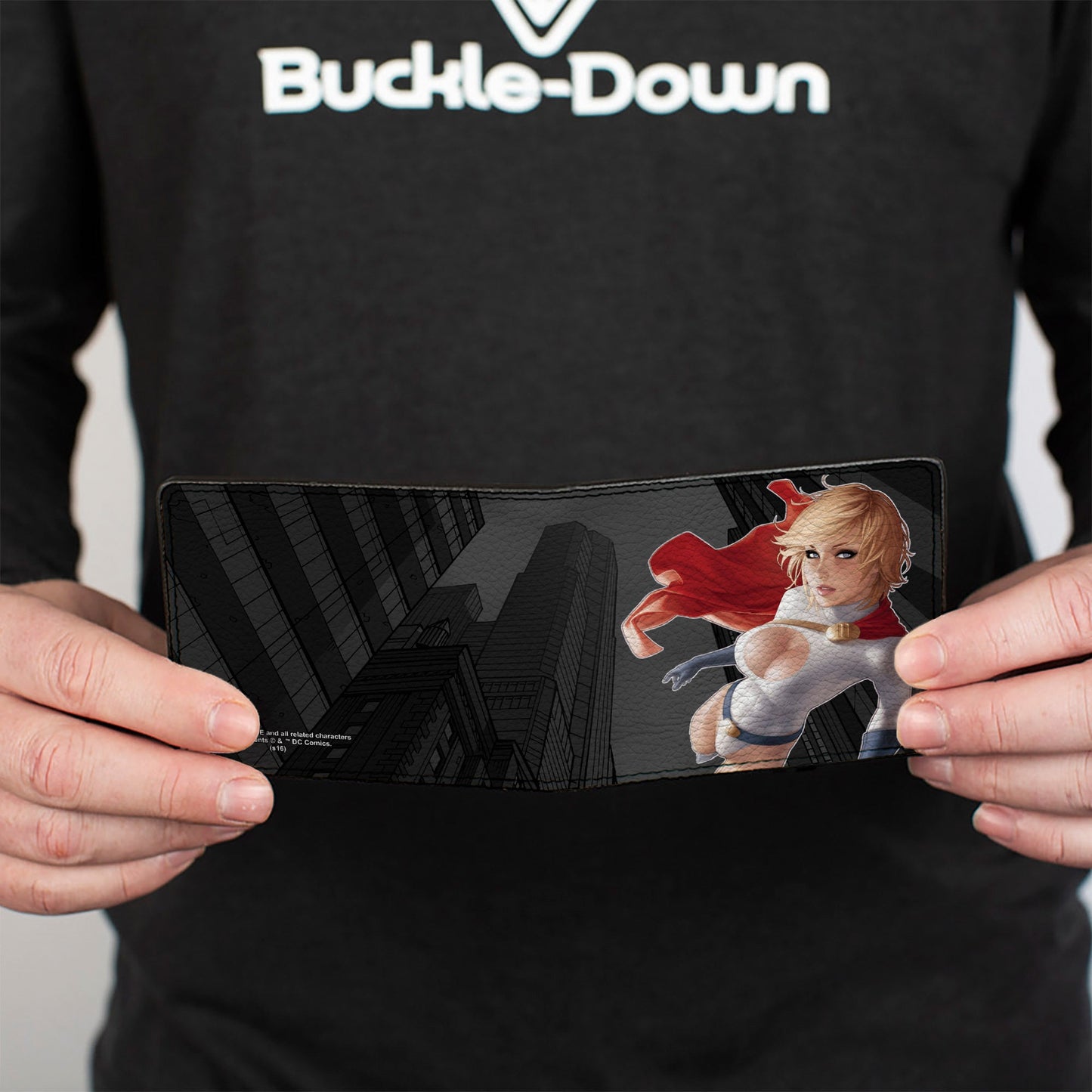 Bi-Fold Wallet - Power Girl Up Up & Away Issue #27 Cover Pose Buildings Grays