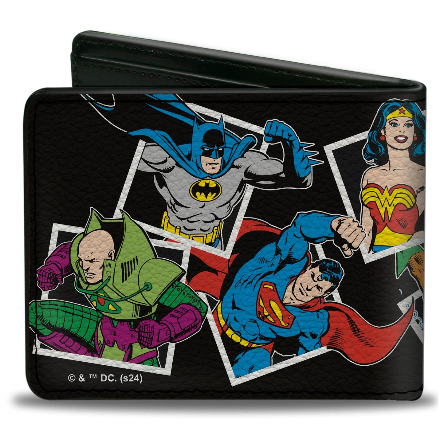 Bi-Fold Wallet - Justice League Vintage Superhero and Villain Pose Blocks Black