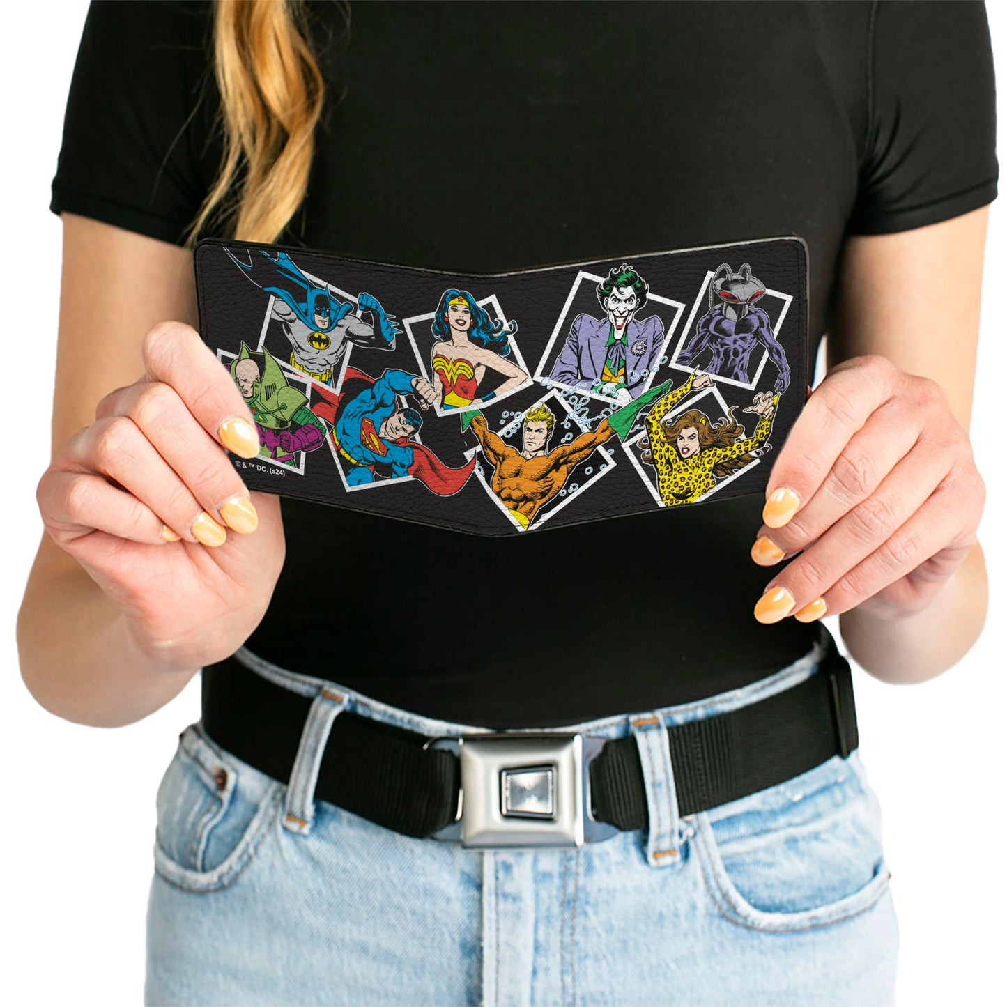 Bi-Fold Wallet - Justice League Vintage Superhero and Villain Pose Blocks Black