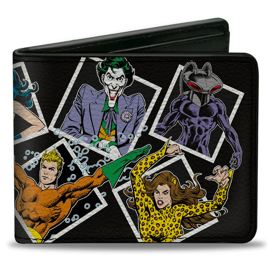 Bi-Fold Wallet - Justice League Vintage Superhero and Villain Pose Blocks Black