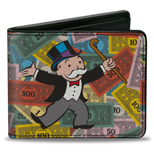 Bi-Fold Wallet - Mr. Monopoly Rich Uncle Pennybags Pose Stacked Money Multi Color