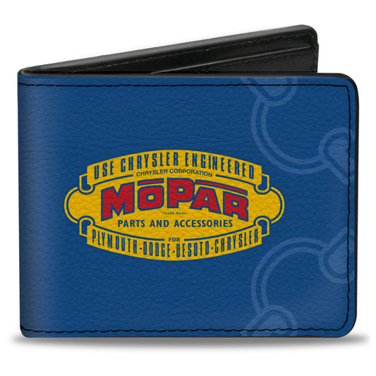 Bi-Fold Wallet - MOPAR 1937-1947 Logo-USE CHRYSLER ENGINEERED MOPAR PARTS AND ACCESSORIES Blue Yellow Red