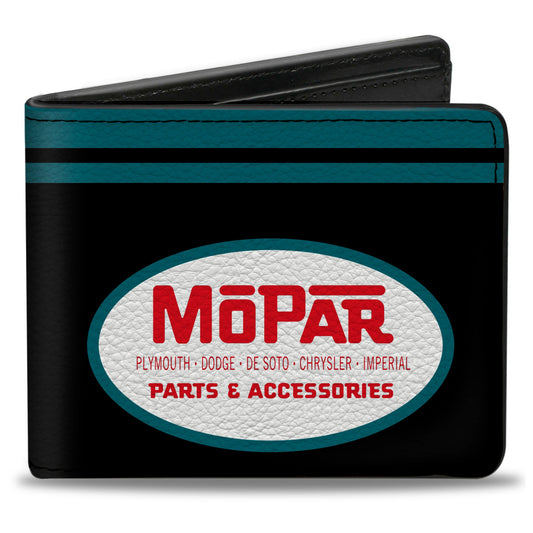 Bi-Fold Wallet - MOPAR 1954-1958 Logo + Chrysler Logo Top Stripe Black Blue Red White