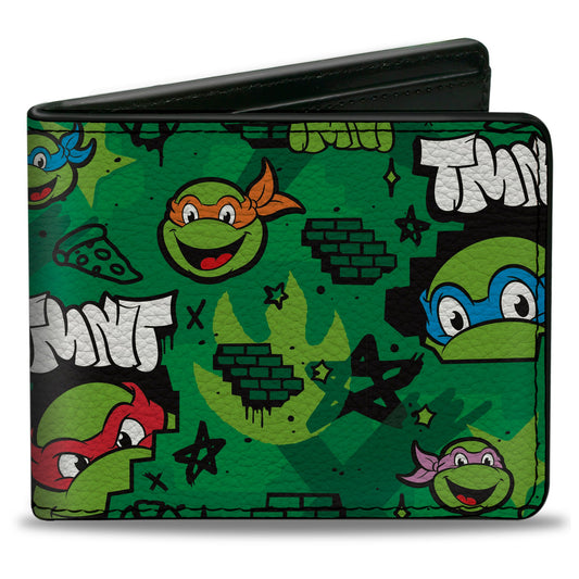 Bi-Fold Wallet - Teenage Mutant Ninja Turtles TMNT Faces Brick Wall Greens