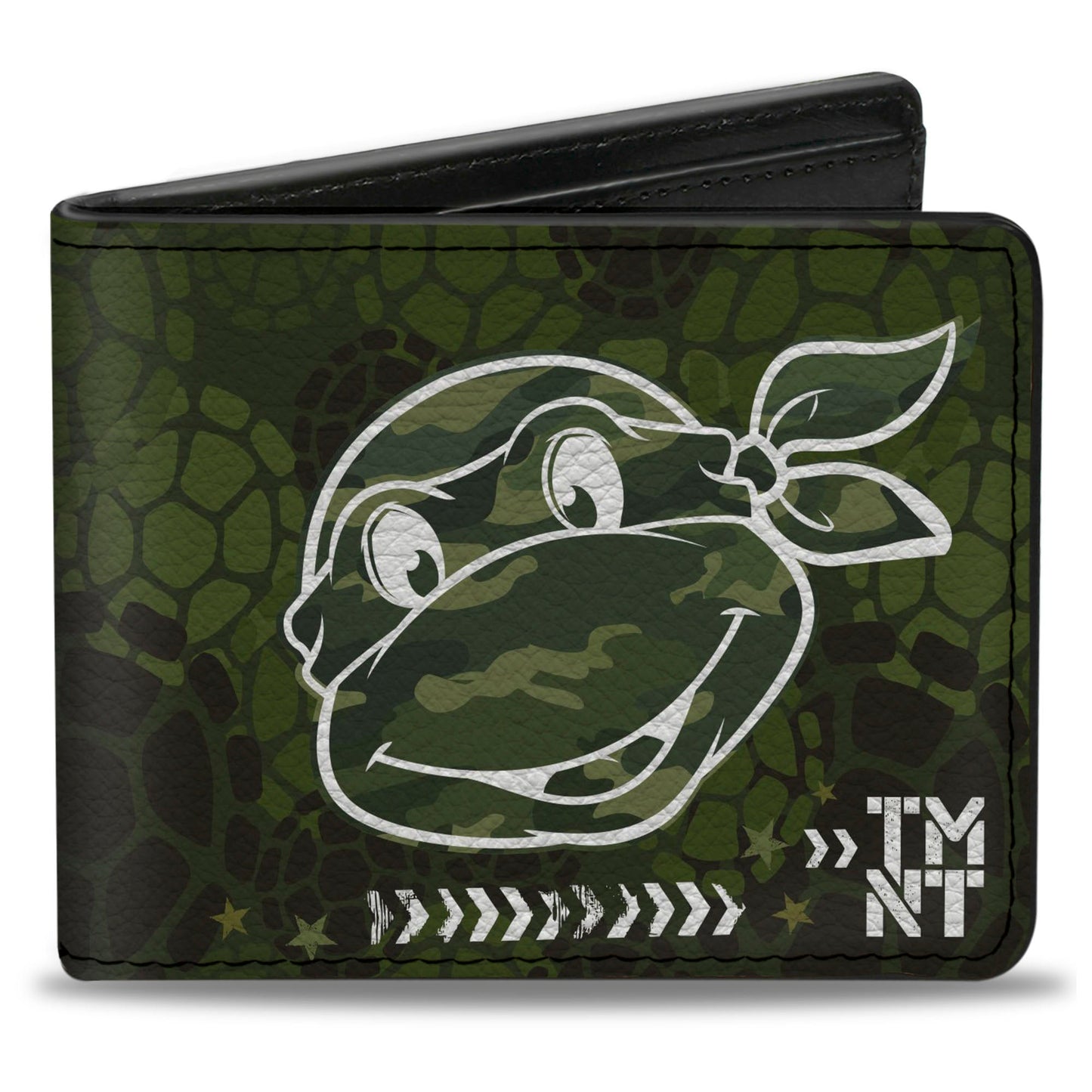 Bi-Fold Wallet - Classic Turtle Face CLOSE-UP Outline TMNT Turtle Shell Camo Olive White