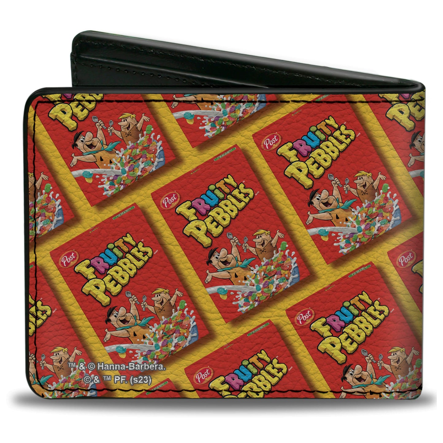 Bi-Fold Wallet - FRUITY PEBBLES Fred Flintstone and Barney Rubble Cereal Box Repeat Yellow/Red