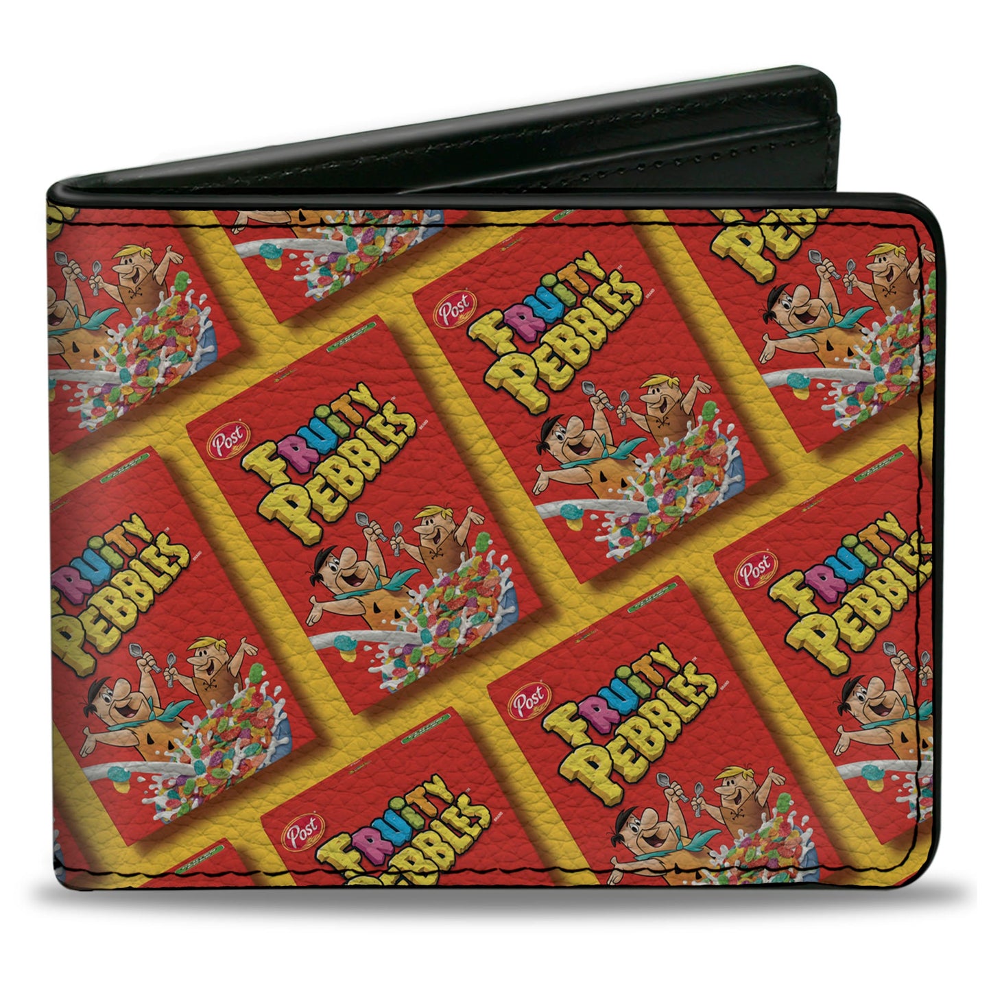Bi-Fold Wallet - FRUITY PEBBLES Fred Flintstone and Barney Rubble Cereal Box Repeat Yellow/Red