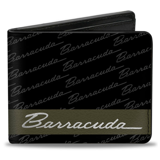Bi-Fold Wallet - BARRACUDA Script Stripe Monogram Black Gray Olive Silver