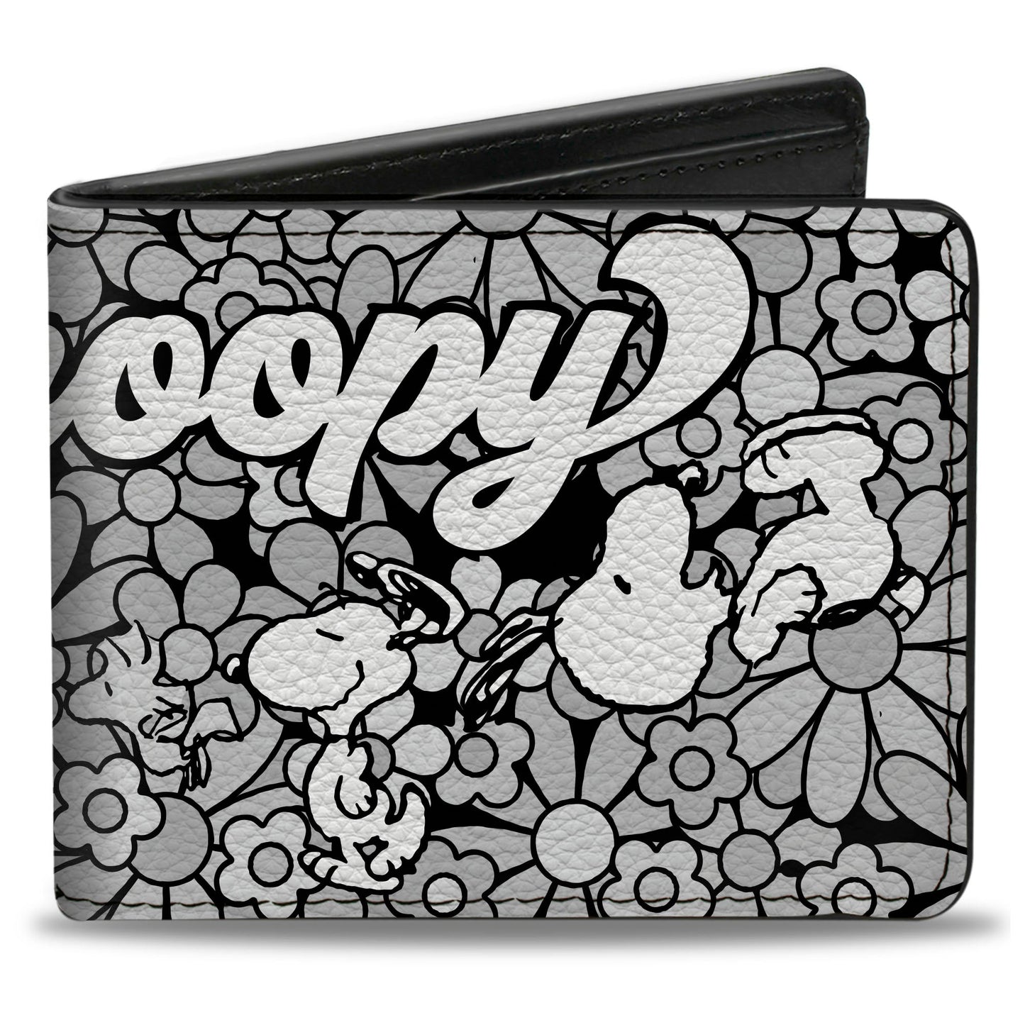 Bi-Fold Wallet - Snoopy Poses and Daisy Flowers Collage Black/Grays/White