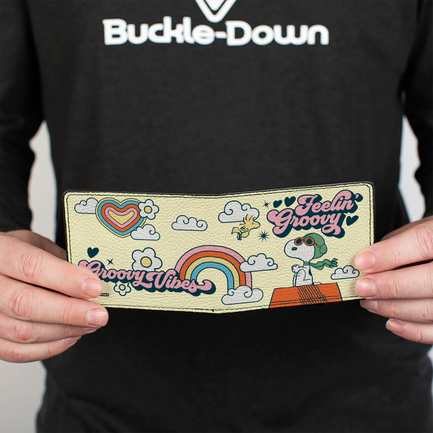 Bi-Fold Wallet - Peanuts Snoopy Flying Ace and Woodstock GROOVY Quotes Collage Yellow