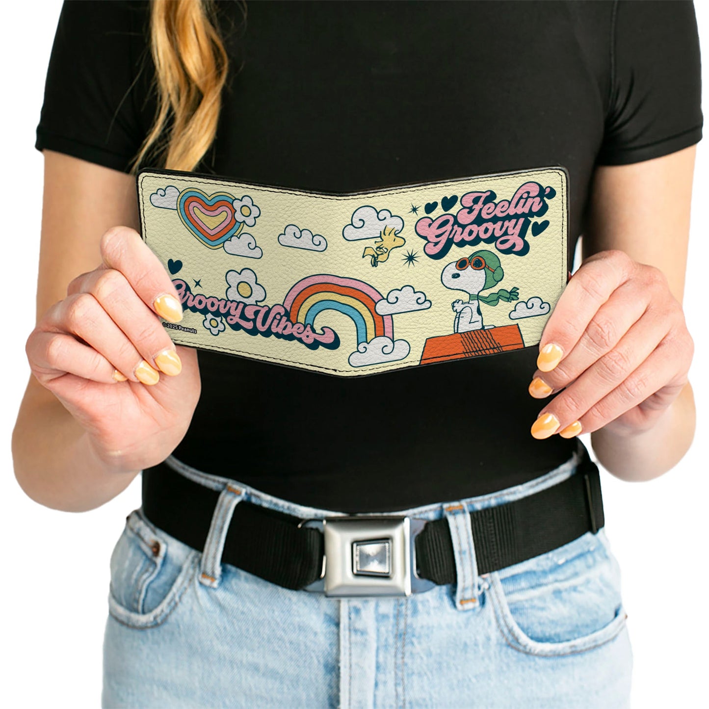 Bi-Fold Wallet - Peanuts Snoopy Flying Ace and Woodstock GROOVY Quotes Collage Yellow
