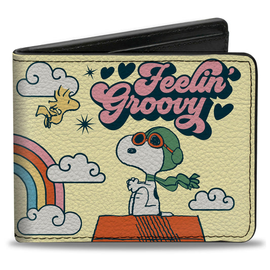 Bi-Fold Wallet - Peanuts Snoopy Flying Ace and Woodstock GROOVY Quotes Collage Yellow