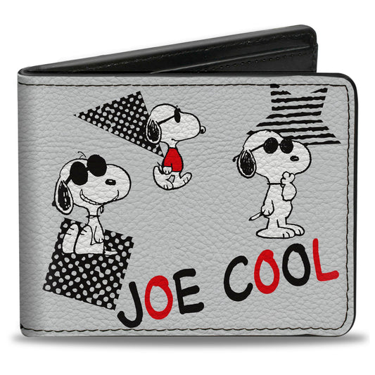 Bi-Fold Wallet - Peanuts JOE COOL Snoopy Poses and Text Gray/Black/Red/White