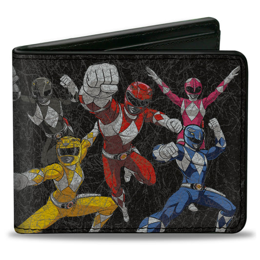 Bi-Fold Wallet - MMPR Power Rangers Group Action Pose Weathered and Title Logo Black