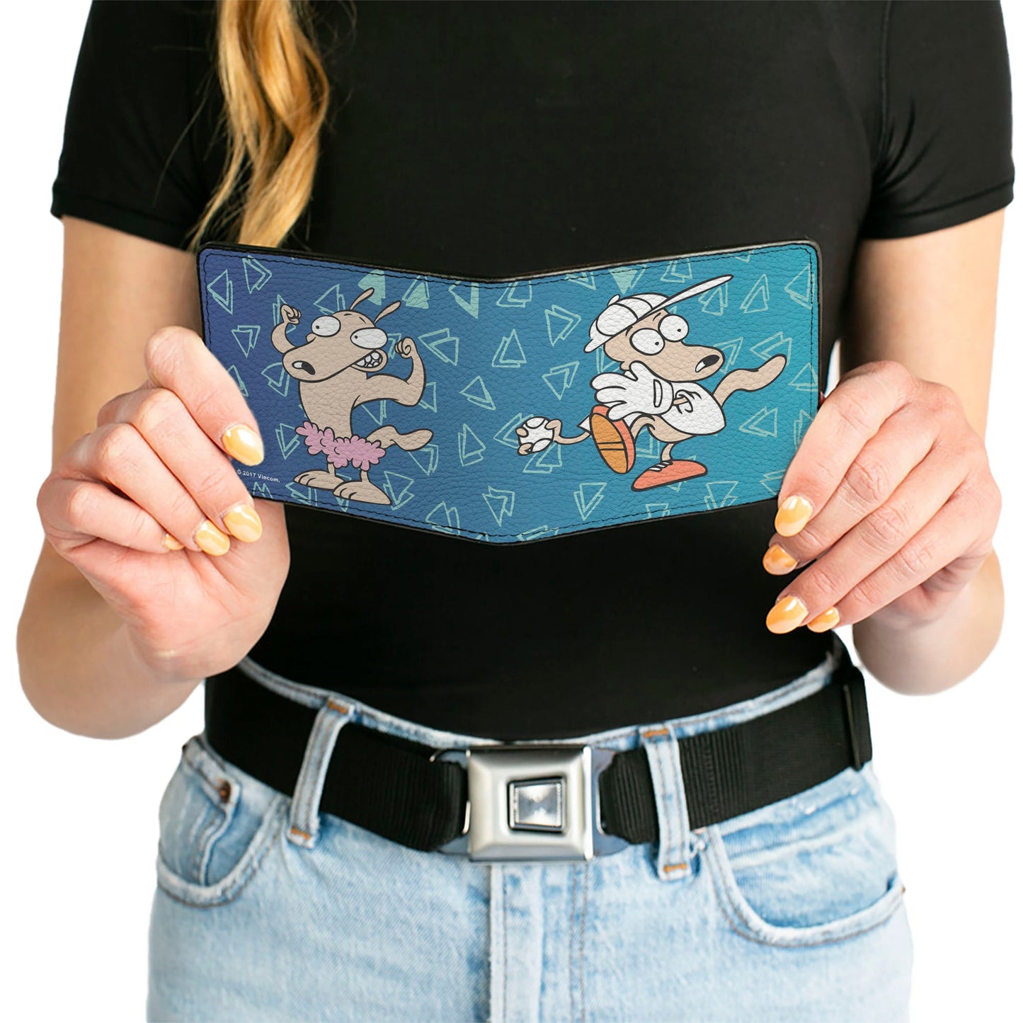 Bi-Fold Wallet - Rocko & Spunky Pose2 + Icon Sketches Logo Turquoise White