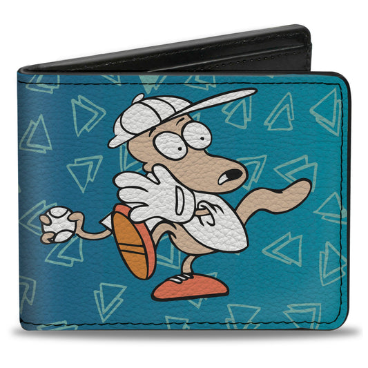 Bi-Fold Wallet - Rocko & Spunky Pose2 + Icon Sketches Logo Turquoise White