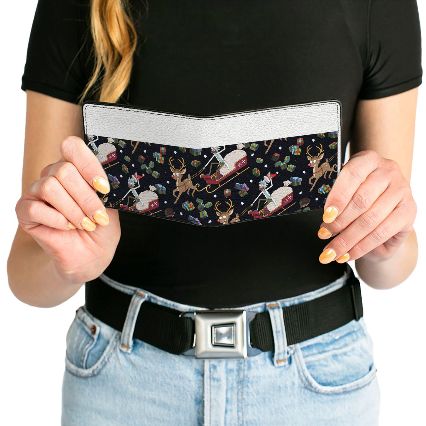 Bi-Fold Wallet - Rick and Morty Holiday Santa Rick Reindeer Sled Pose and Packages Collage Black