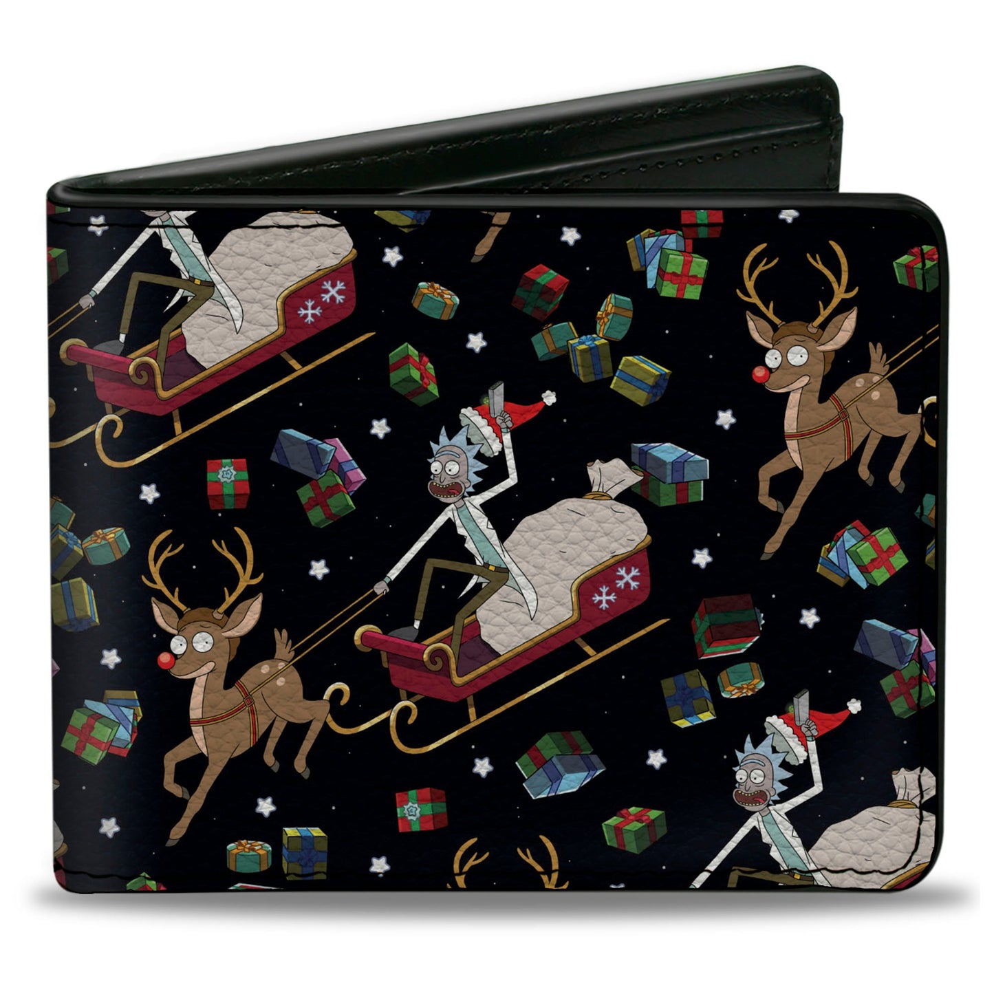 Bi-Fold Wallet - Rick and Morty Holiday Santa Rick Reindeer Sled Pose and Packages Collage Black