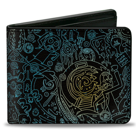 Bi-Fold Wallet - Rick and Morty Portal Chase and Icons Collage Black/Blues/Yellows