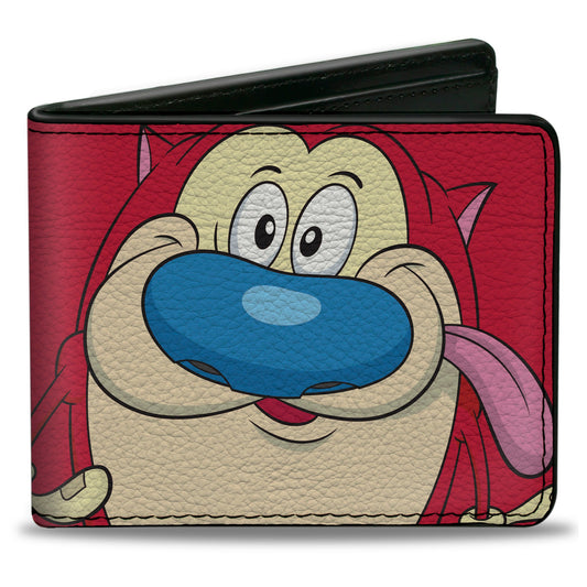 Bi-Fold Wallet - The Ren & Stimpy Show Stimpy Face CLOSE-UP + Logo Red