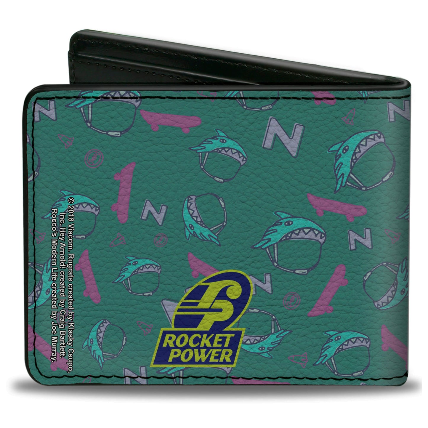 Bi-Fold Wallet - ROCKET POWER Sam Skateboard Pose + Text Scattered Icons Blues Purples Gold