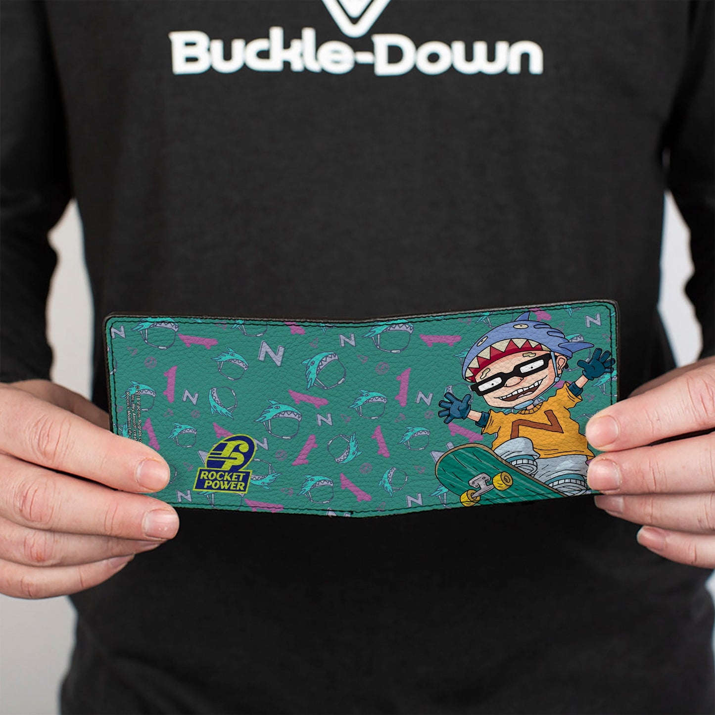 Bi-Fold Wallet - ROCKET POWER Sam Skateboard Pose + Text Scattered Icons Blues Purples Gold