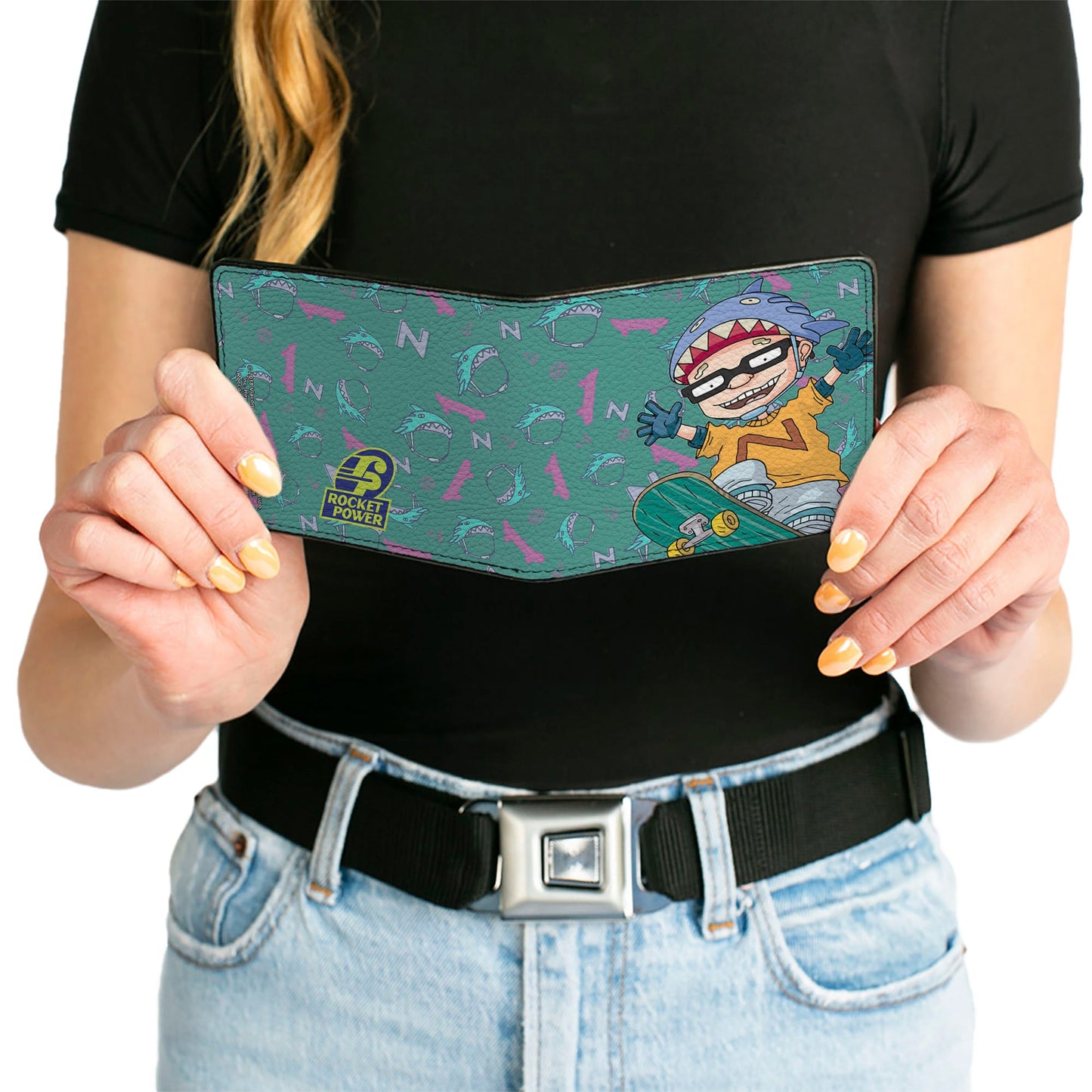 Bi-Fold Wallet - ROCKET POWER Sam Skateboard Pose + Text Scattered Icons Blues Purples Gold