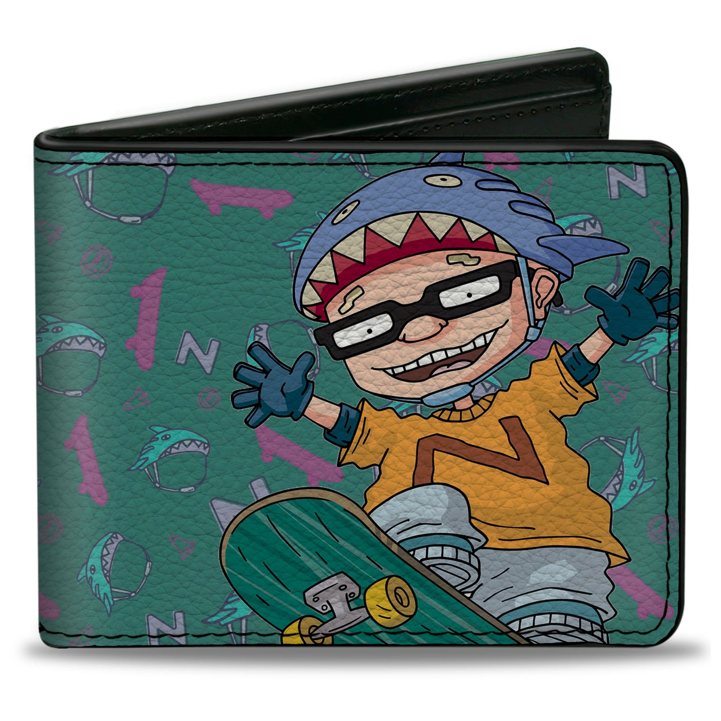Bi-Fold Wallet - ROCKET POWER Sam Skateboard Pose + Text Scattered Icons Blues Purples Gold