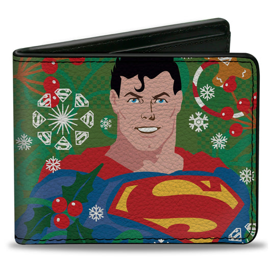 Bi-Fold  Wallet - Superman Holiday Christmas Pose and Icons Greens