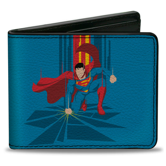 Bi-Fold Wallet - Superman Down Punch Silhouette Pose Blues/Reds/Yellow