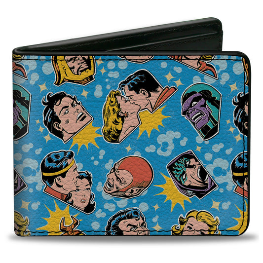 Bi-Fold Wallet - Vintage Superman Supergirl and Villains Faces Scattered Blues