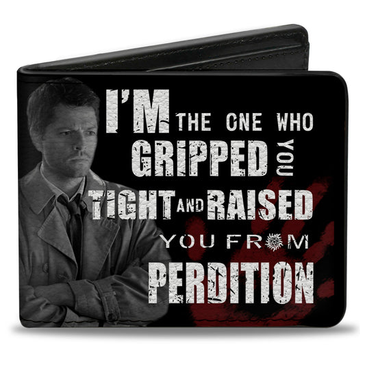 Bi-Fold Wallet - Castiel Pose I'M THE ONE WHO GRIPPED YOU TIGHT AND RAISED YOU FROM PERDITION + SUPERNATURAL Black Grays Red White