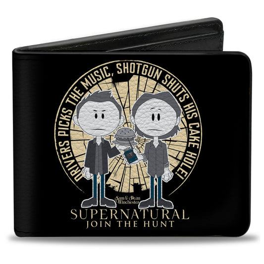 Bi-Fold Wallet - Supernatural Sam & Dean Caricatures DRIVER PICKS THE MUSIC Shattered Glass Black White Grays Blues