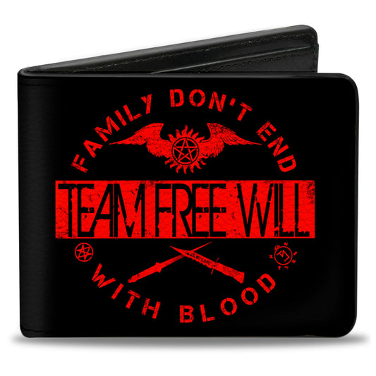 Bi-Fold Wallet - Supernatural TEAM FREE WILL-FAMILY DON'T END WITH BLOOD Black Red