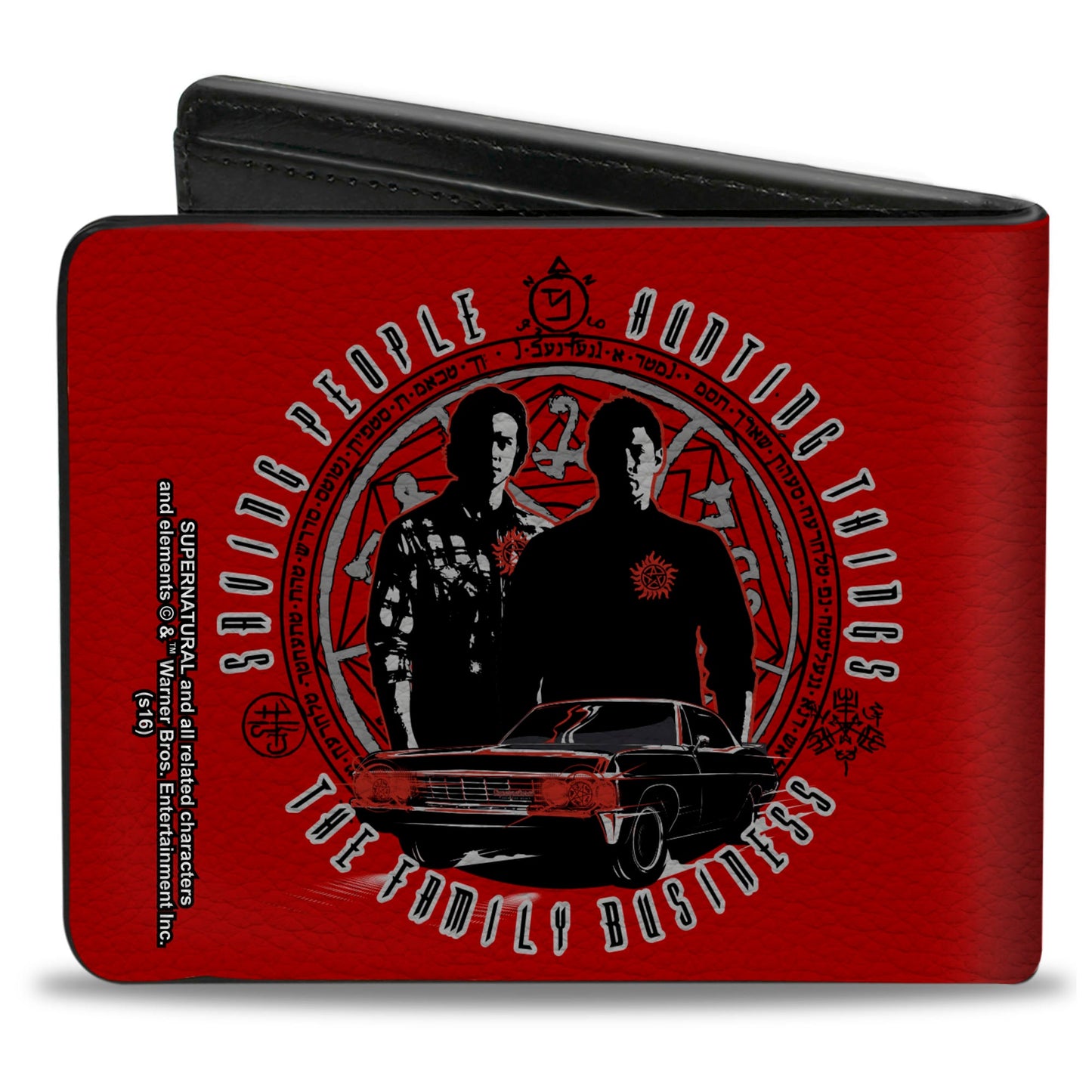 Bi-Fold Wallet - Supernatural Sam & Dean Pose Impala Symbols SAVING PEOPLE-HUNTING THINGS-THE FAMILY BUSINESS Red Grays Black