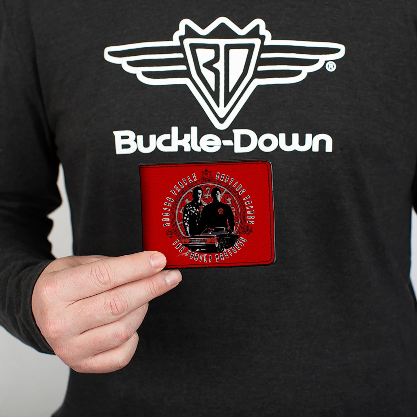 Bi-Fold Wallet - Supernatural Sam & Dean Pose Impala Symbols SAVING PEOPLE-HUNTING THINGS-THE FAMILY BUSINESS Red Grays Black